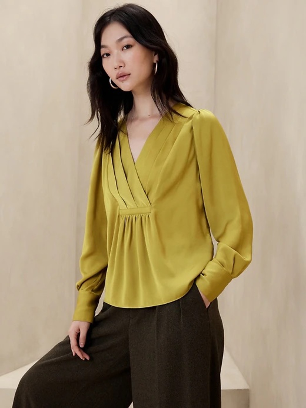 Banana Republic Chartreuse V-Neck Pleated Blouse